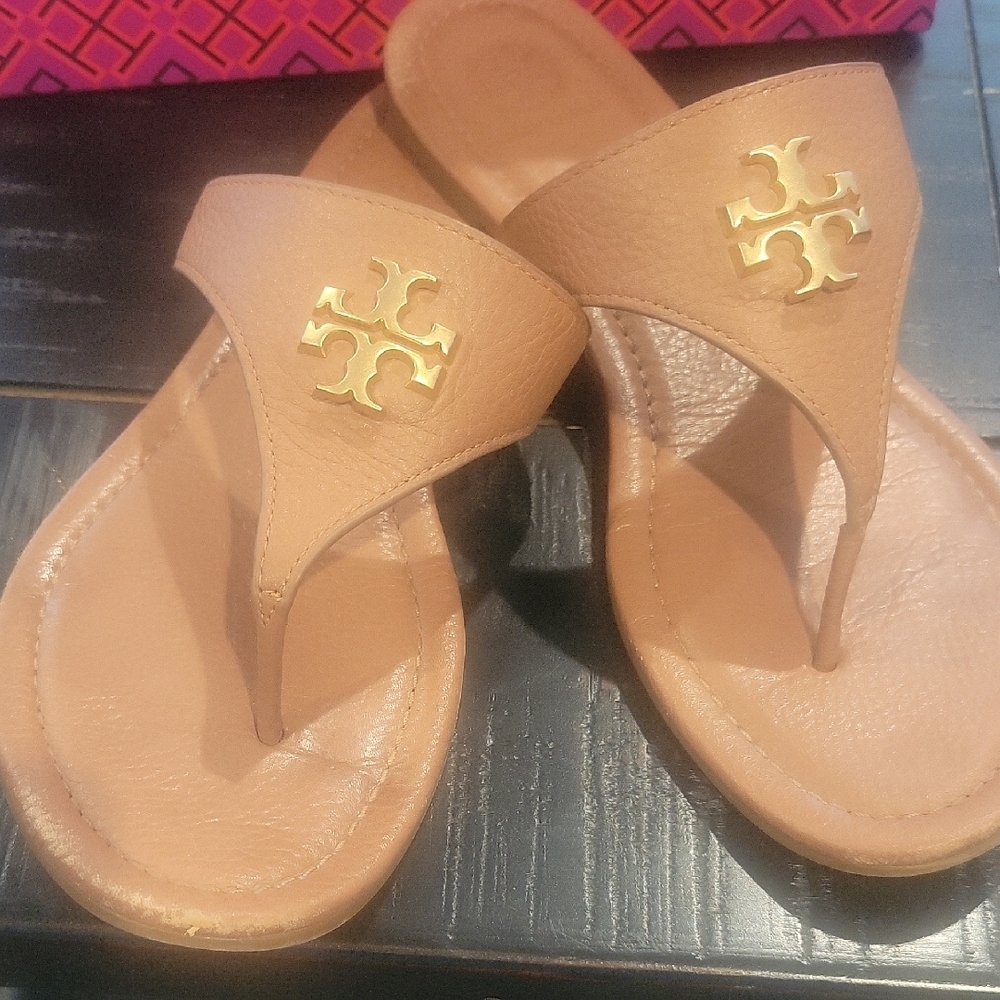 Tory Burch Tan Sandals with Gold Logo